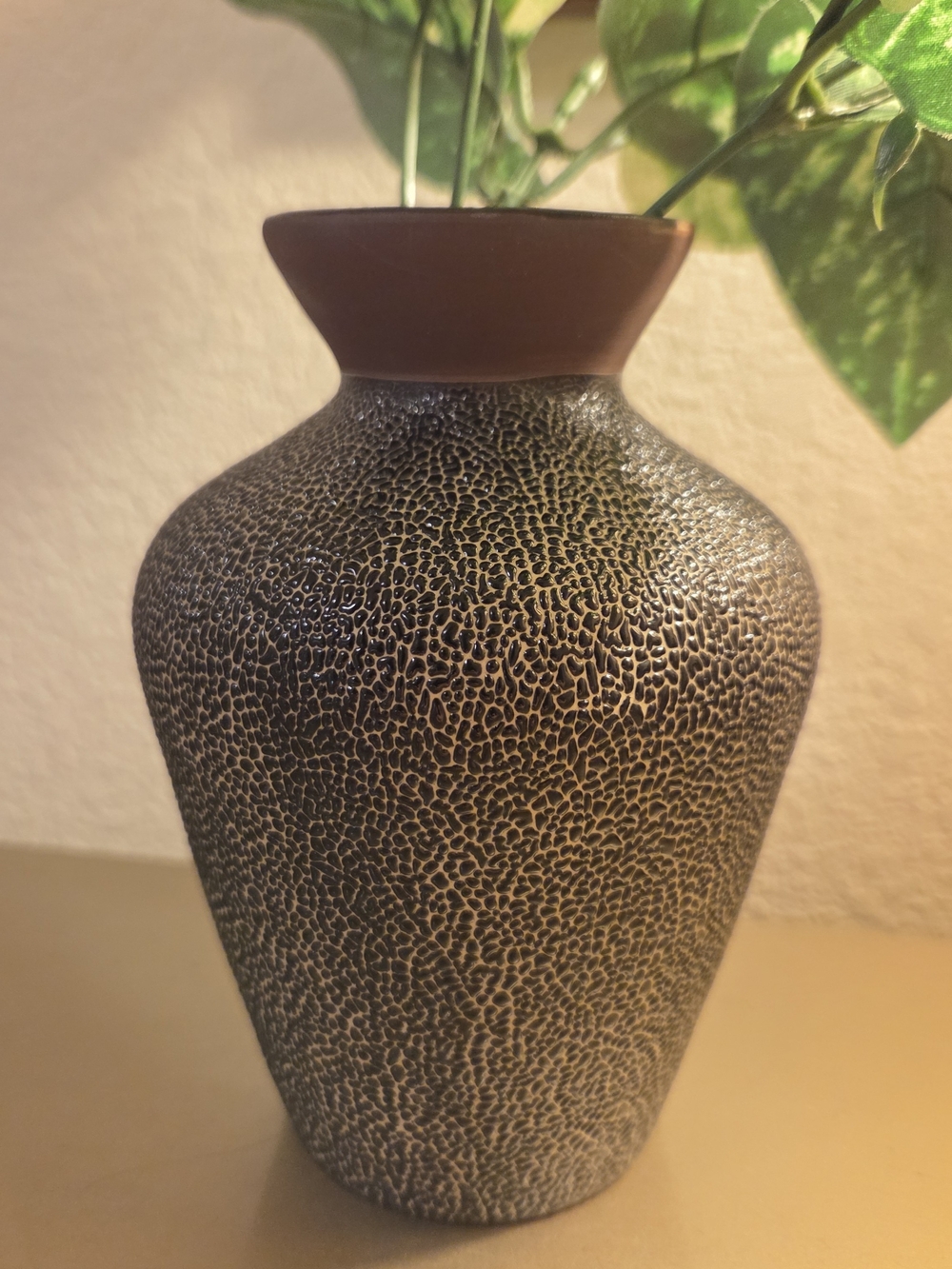 Decorative Brown Textured Ceramic Vase with Green Faux Foliage - Home Accents
